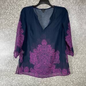 Ann Taylor Women's Boho Chic Sheer Blue & Purple Top - Size Medium - Henna Print